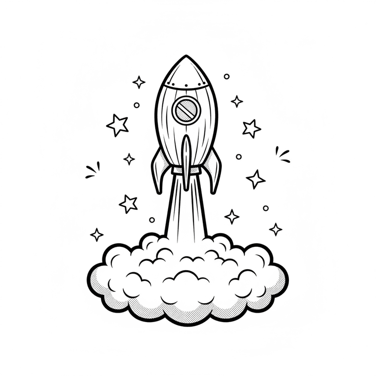 A hazelnut rocket blasting off on a plume of smoke, surrounded by stars