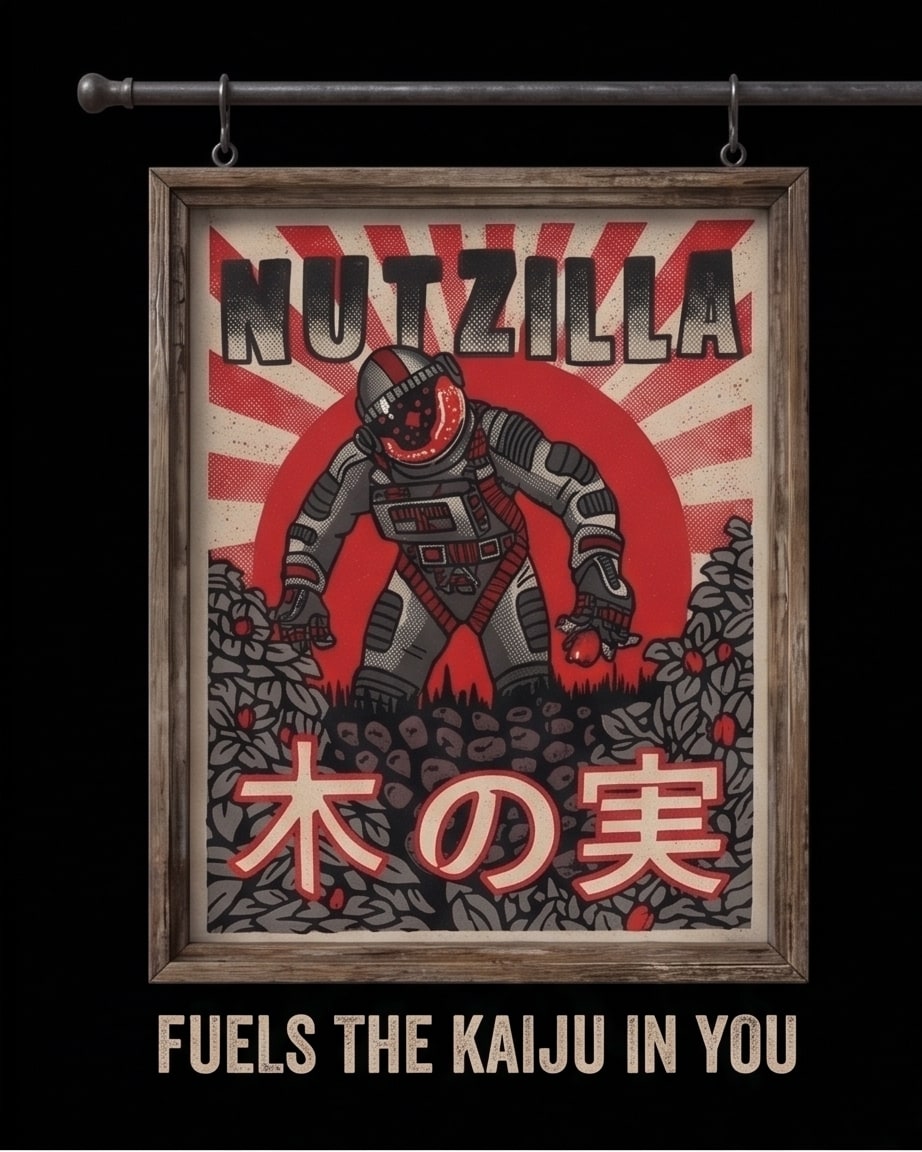 Framed Nutzilla art print hanging on a black wall, with kaiju astronaut and rising-sun rays