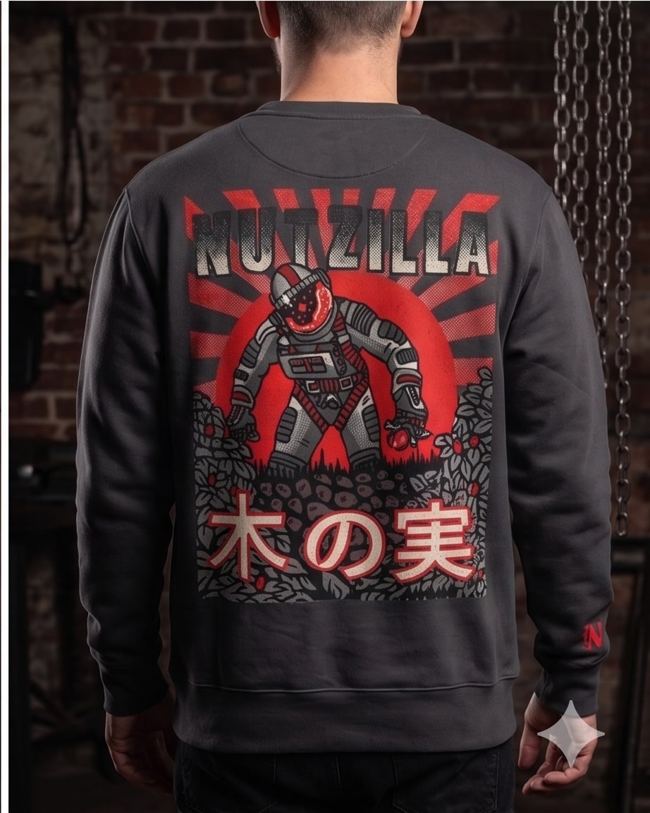 Charcoal crewneck sweatshirt with full Nutzilla poster printed on the back