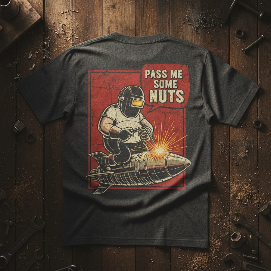 Charcoal t-shirt back print of a welder working on a rocket with the words Pass Me Some Nuts