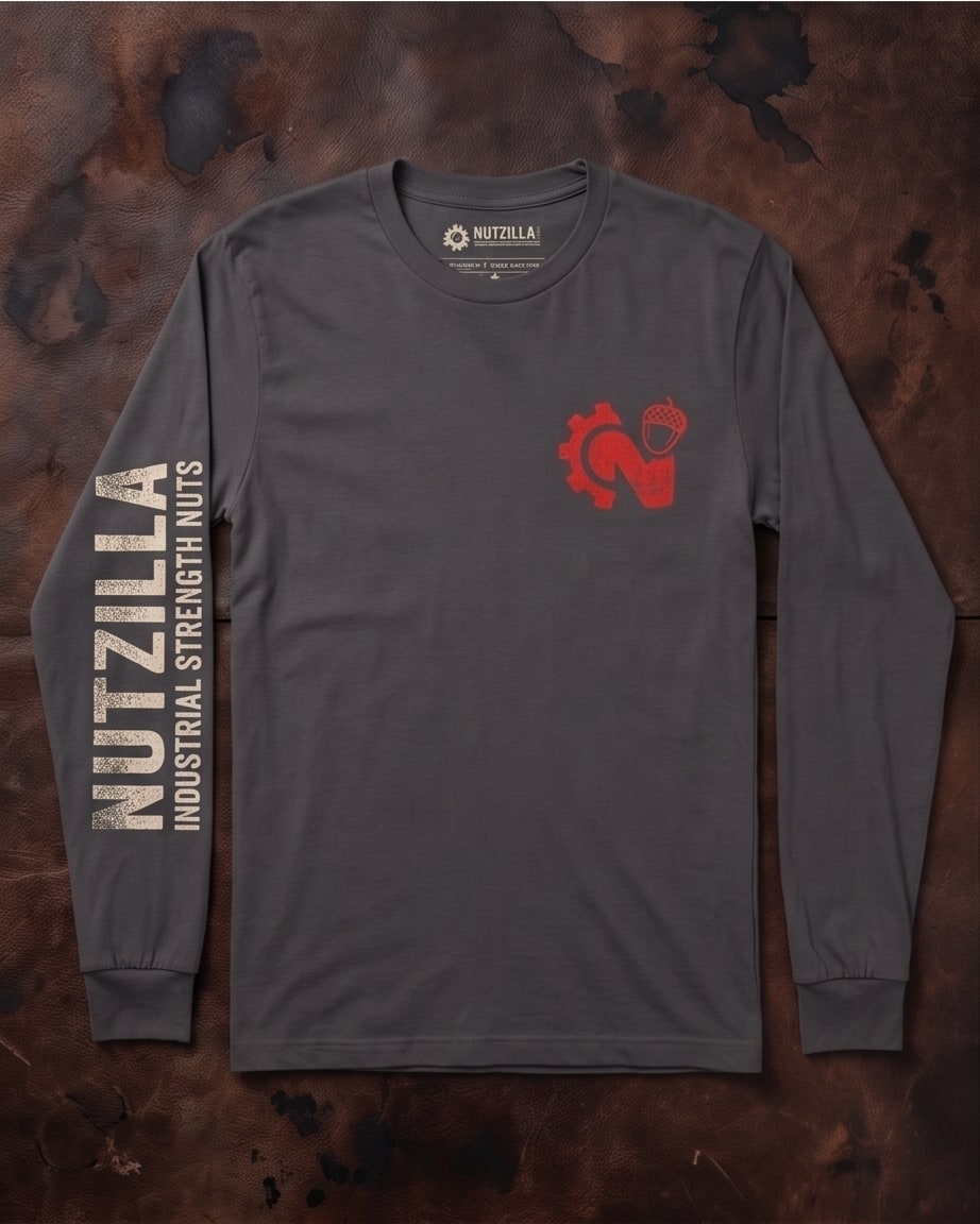 Charcoal Nutzilla long-sleeve t-shirt with red chest mark and sleeve print