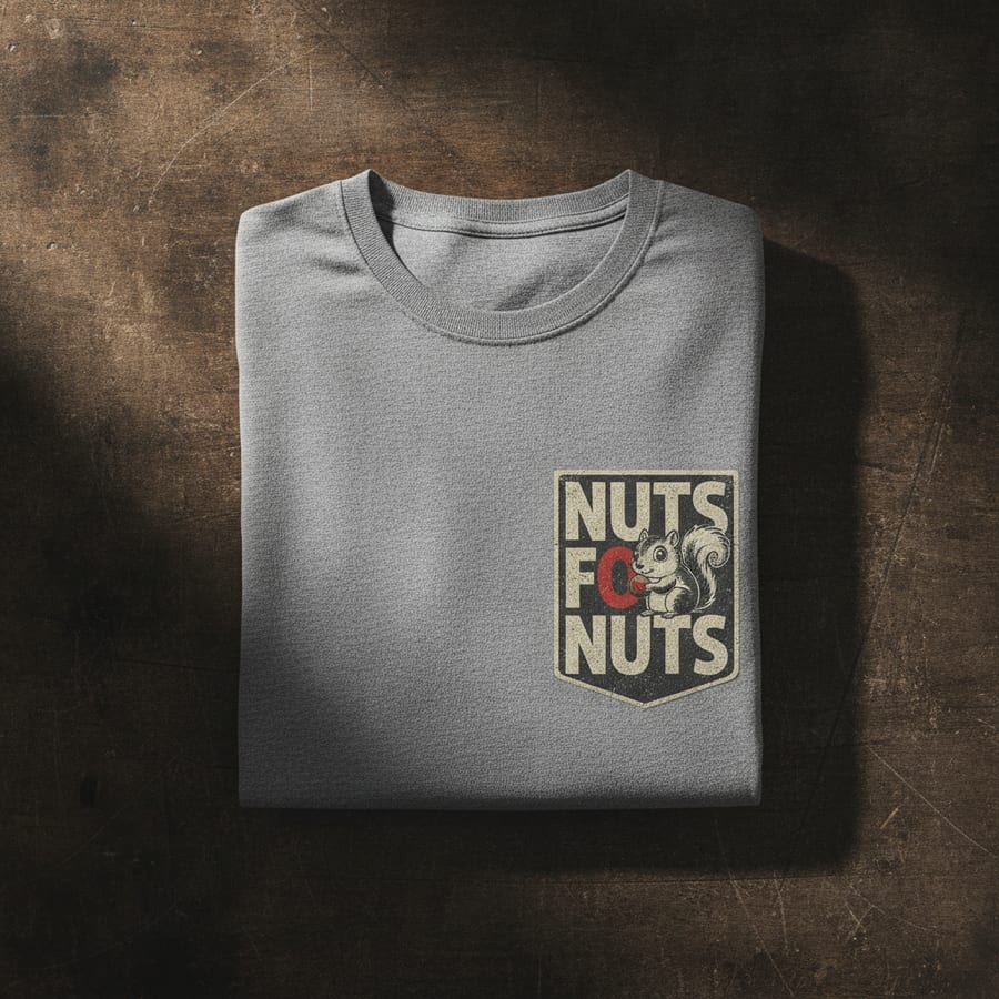 Heather-grey t-shirt with a 'Nuts For Nuts' chest print and a squirrel in the O