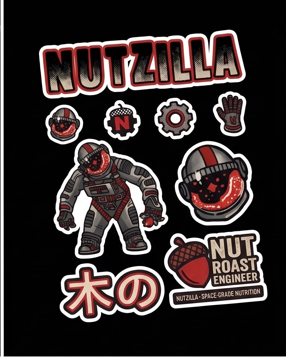 Vinyl sticker sheet with nine Nutzilla designs on a black background