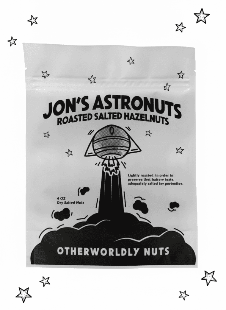 Jon's Astronuts roasted salted hazelnuts pouch — black-and-white, reads Otherworldly Nuts