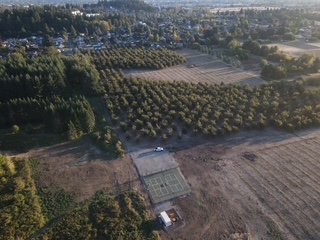 Aerial view of the Astronuts farm in the Willamette Valley at dusk